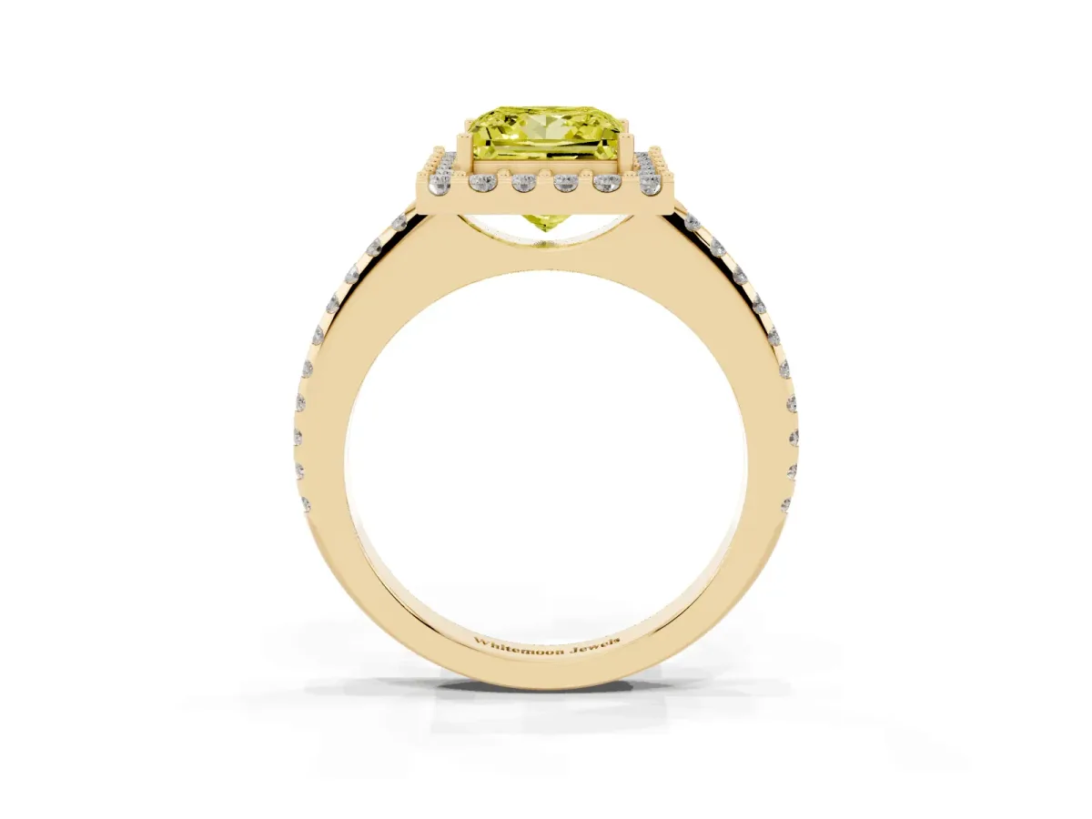Fancy Yellow Princess Cut Diamond Pavé Halo Ring with Four-Prong Setting Yellow gold