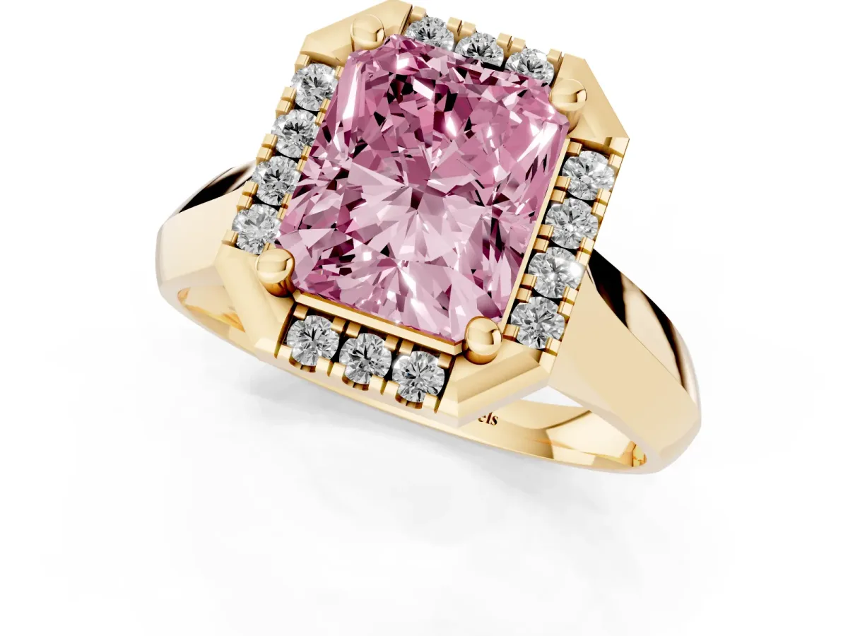Fancy Pink Radiant Cut Cut Halo Solitaire Engagement Ring with Square Band and Four-Prong Setting Yellow gold
