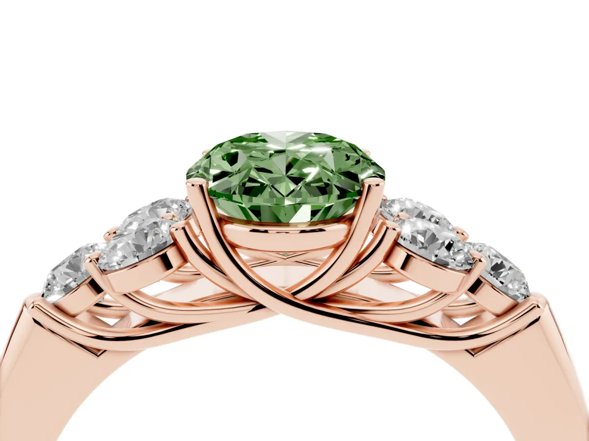 Fancy Green Oval Cut Cut Diamond Cluster Ring with Round Accent Stones and Prong Setting on a Classic Band Rose gold