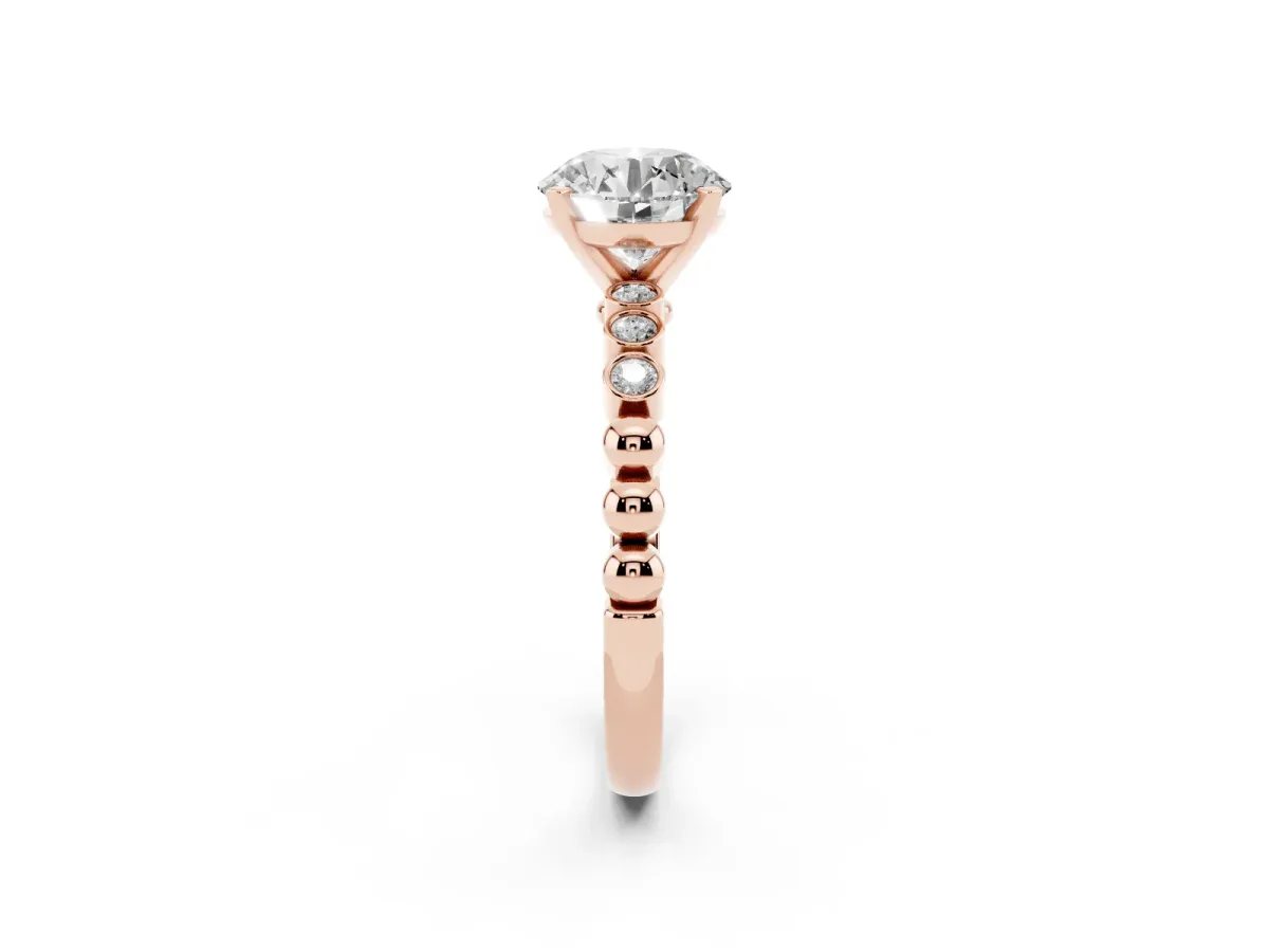 Round Cut Solitaire Bezel Accent Diamond Engagement Ring with Beaded Band and Four-Prong Setting Rose gold