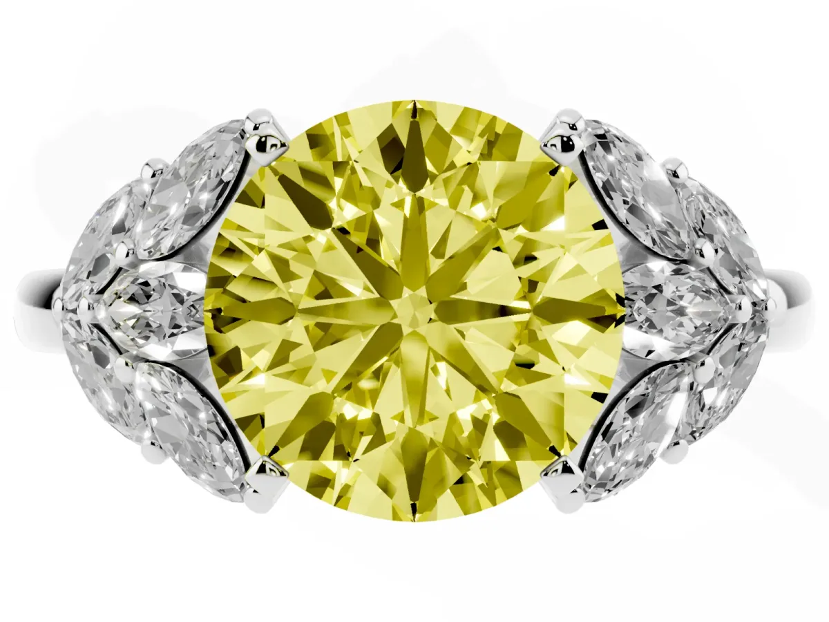 Fancy Yellow Round Cut Diamond Cluster Leaf Design Ring with Prong Setting Silver