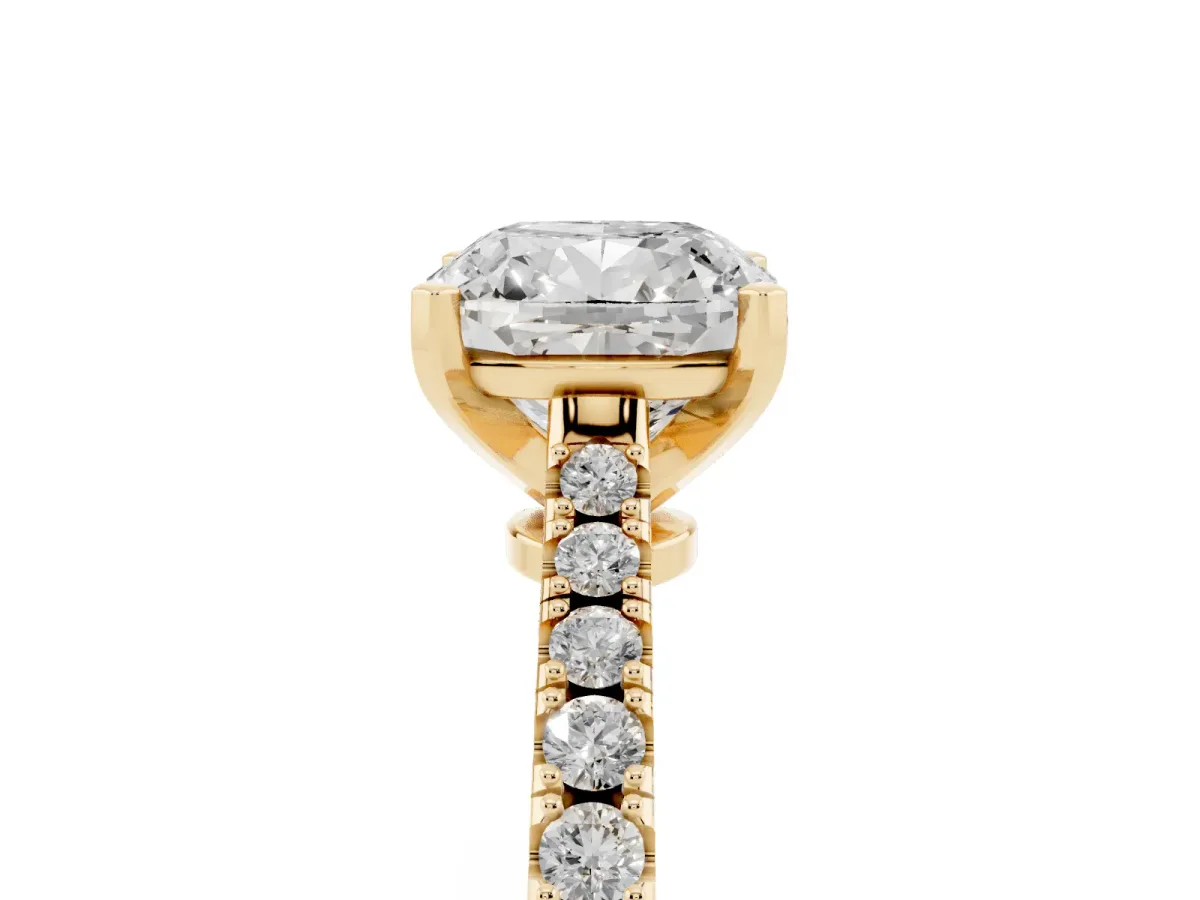 Cushion Cut Cut Solitaire Diamond Engagement Ring with Pave Band and Four-Prong Setting Yellow gold