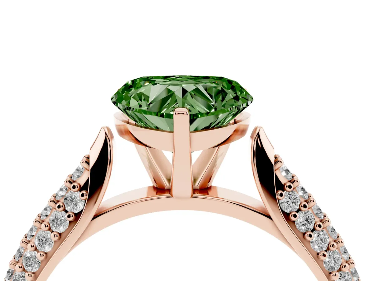 Fancy Green Heart Cut Diamond Solitaire Engagement Ring with Multi-Row Round Pavé Band and Prong Setting Rose gold
