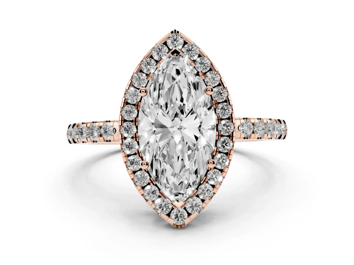 Marquise Cut Halo Diamond Engagement Ring with Pavé Band and Four-Prong Setting Rose gold