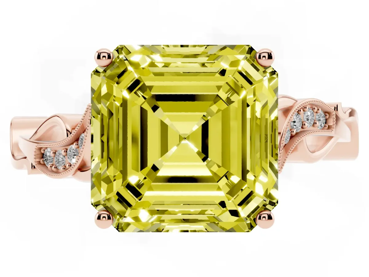 Fancy Yellow Asscher Cut Solitaire Vine Band with Milgrain Prong Setting Rose gold
