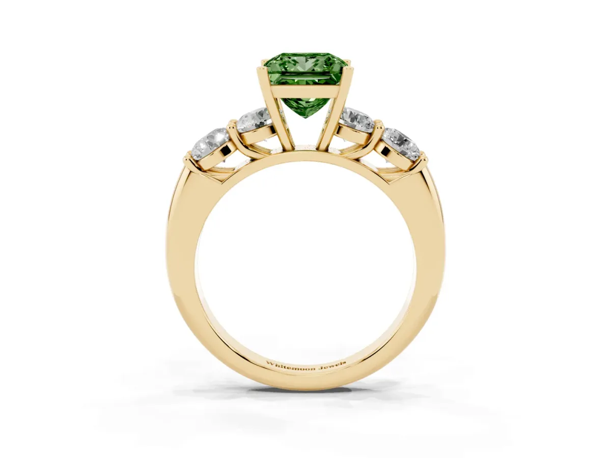 Fancy Green Princess Cut Cut Five-Stone Prong Set Diamond Ring with Classic Band Yellow gold