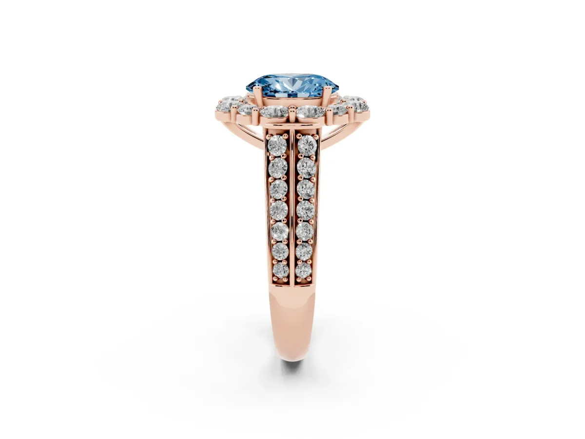 Fancy Blue Oval Cut Halo Diamond Engagement Ring with Split Shank and Prong Setting Rose gold