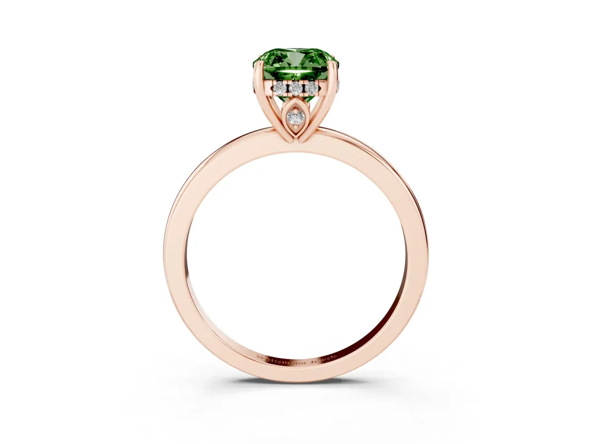 Fancy Green Cushion Cut Solitaire Diamond Ring with Prong Setting and Plain Band Rose gold