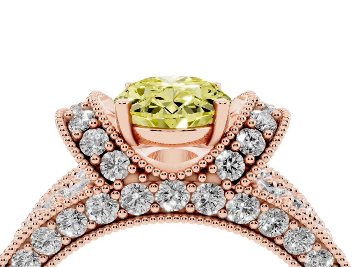 Fancy Yellow Oval Cut Halo Pave Diamond Engagement Ring with Milgrain Detailing Rose gold