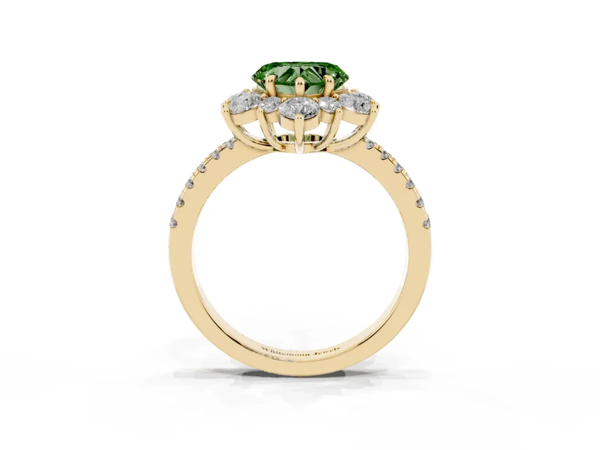 Fancy Green Heart Cut Diamond Floral Halo Ring with Round Pavé Band and Prong Setting Yellow gold
