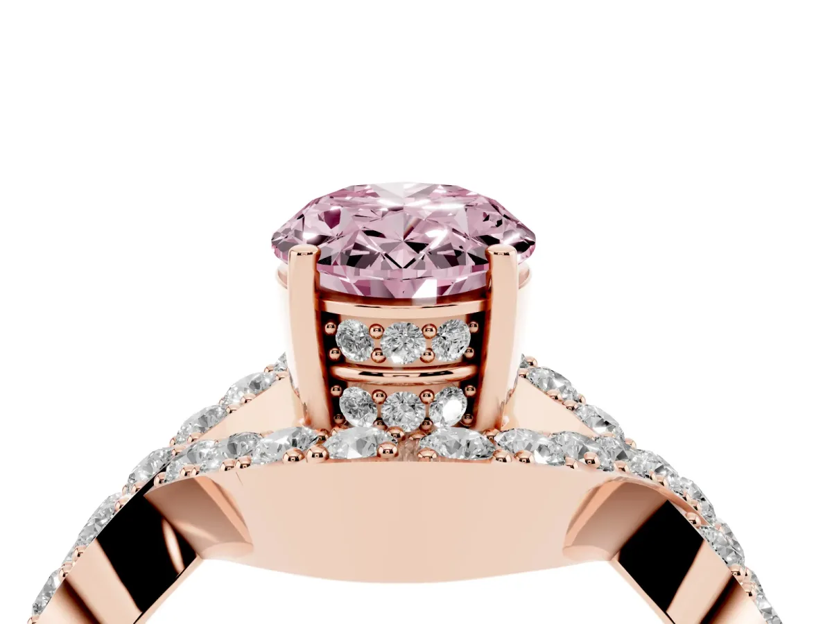 Fancy Pink Oval Cut Solitaire Twist Band Pavé Diamond Engagement Ring Rose gold