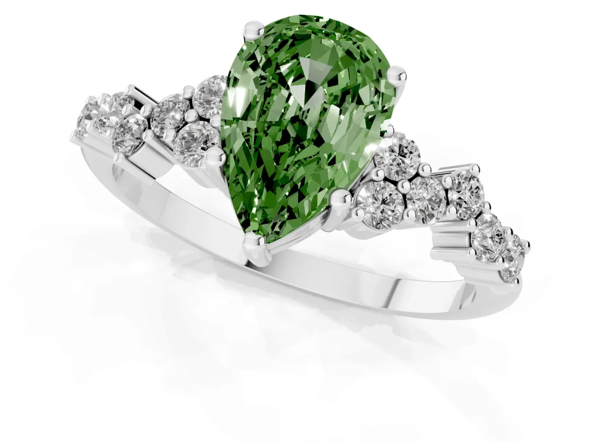 Fancy Green Pear Cut Diamond Scattered Round Accent Ring with Prong Setting Platinum