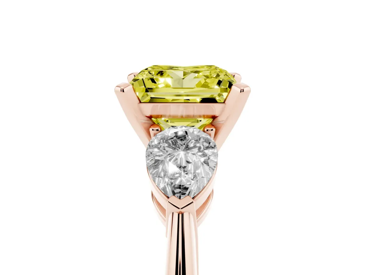 Fancy Yellow Three-Stone Princess Cut Diamond Ring with Pear Side Stones and Four-Prong Setting Rose gold