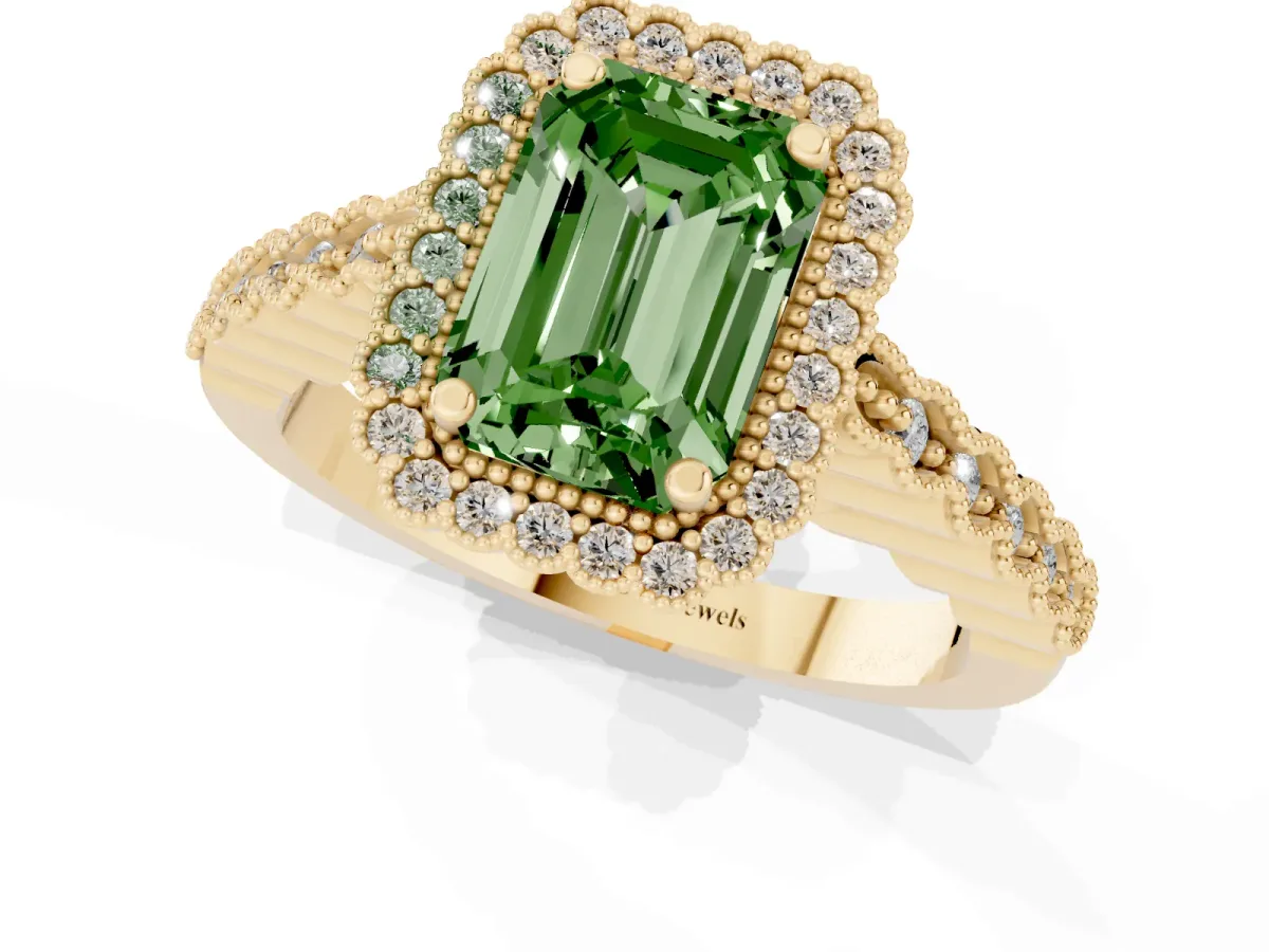 Fancy Green Emerald Cut Cut Halo Pavé Solitaire Ring with Milgrain Band Yellow gold