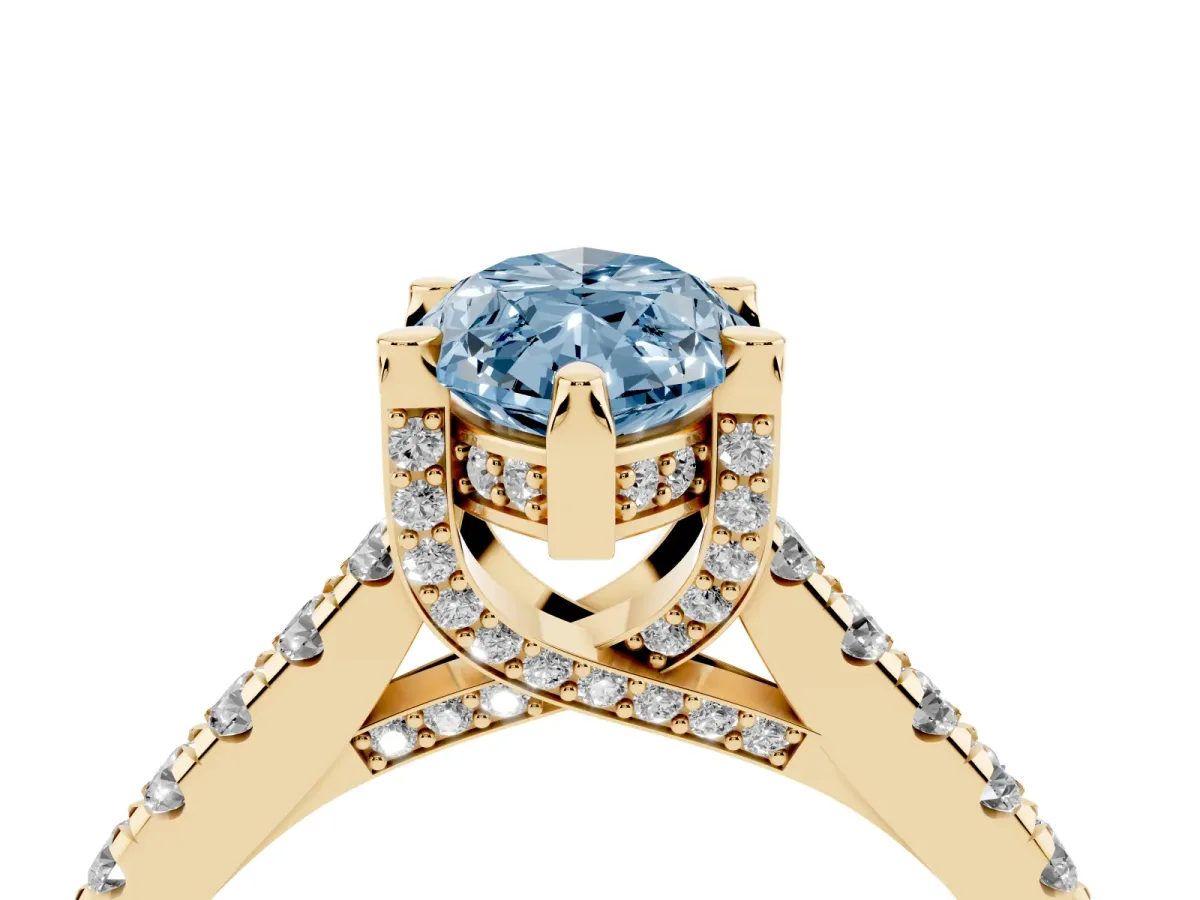 Fancy Blue Marquise Cut Brilliant Diamond Solitaire with Pavé Band and Four-Prong Setting Yellow gold