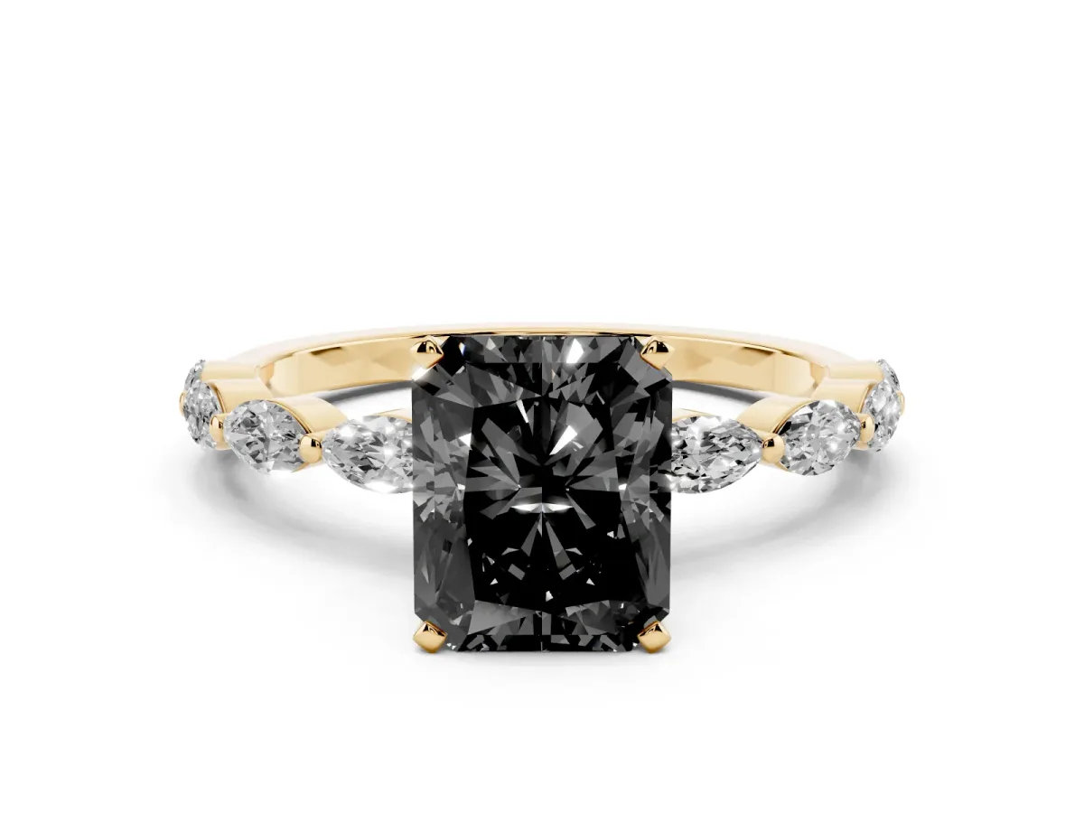 Fancy Black Radiant Cut Diamond Ring with Marquise Side Stones and Prong Setting Yellow gold