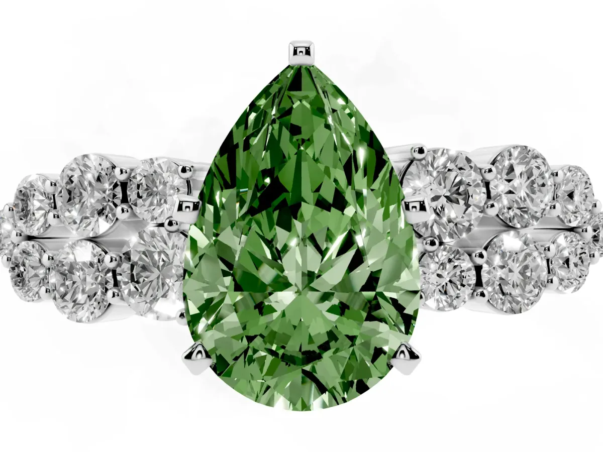 Fancy Green Pear Cut Cluster Diamond Engagement Ring with Pavé Band and Four-Prong Setting White gold