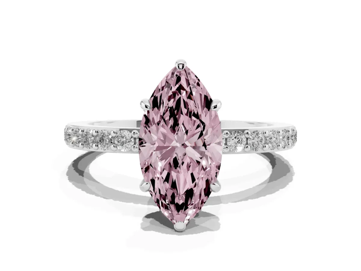 Fancy Pink Marquise Cut Diamond Pavé Engagement Ring with Round Accents and Prong Setting White gold