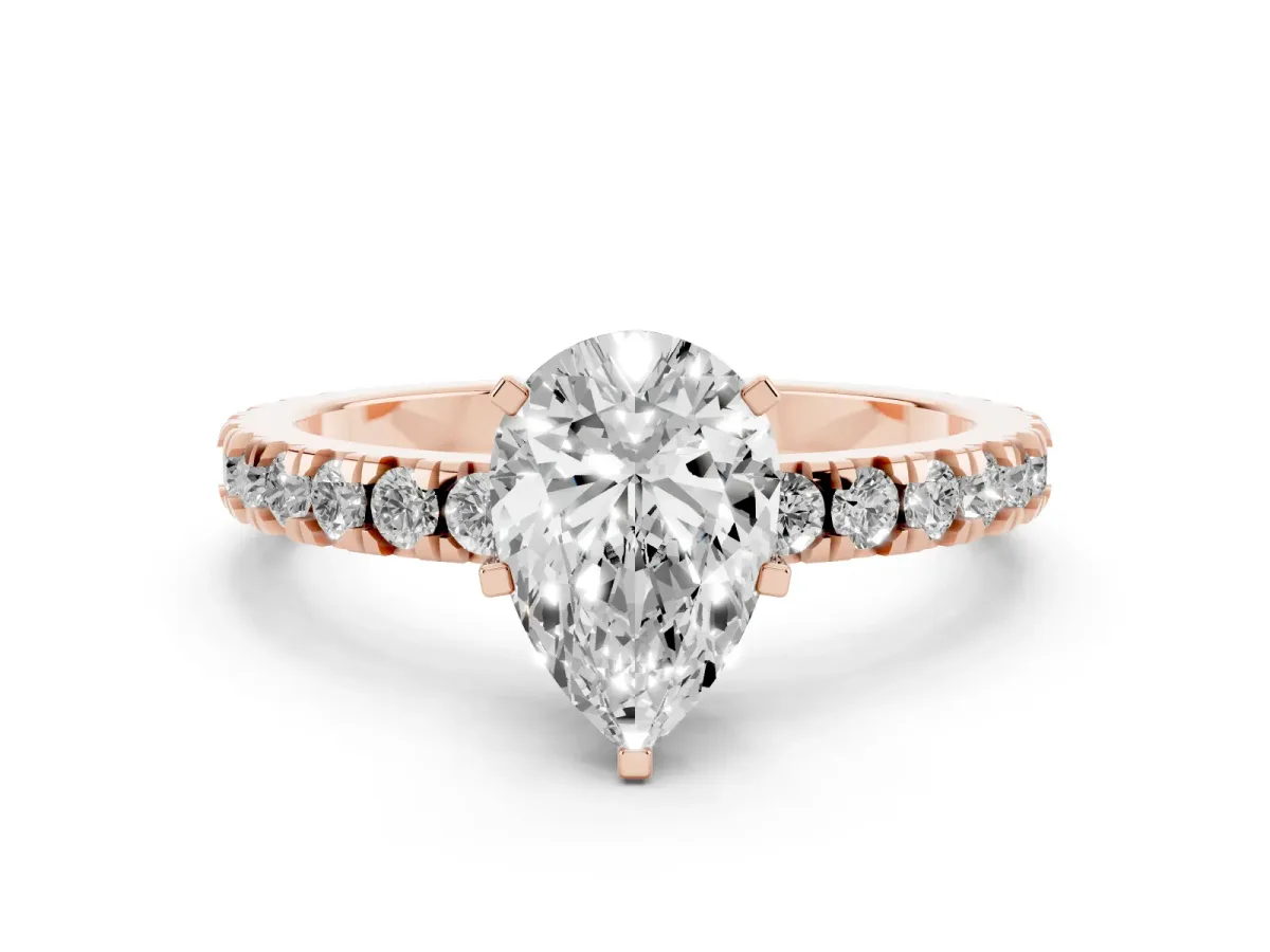 Pear Cut Diamond Pavé Band Solitaire with Four-Prong Setting Rose gold