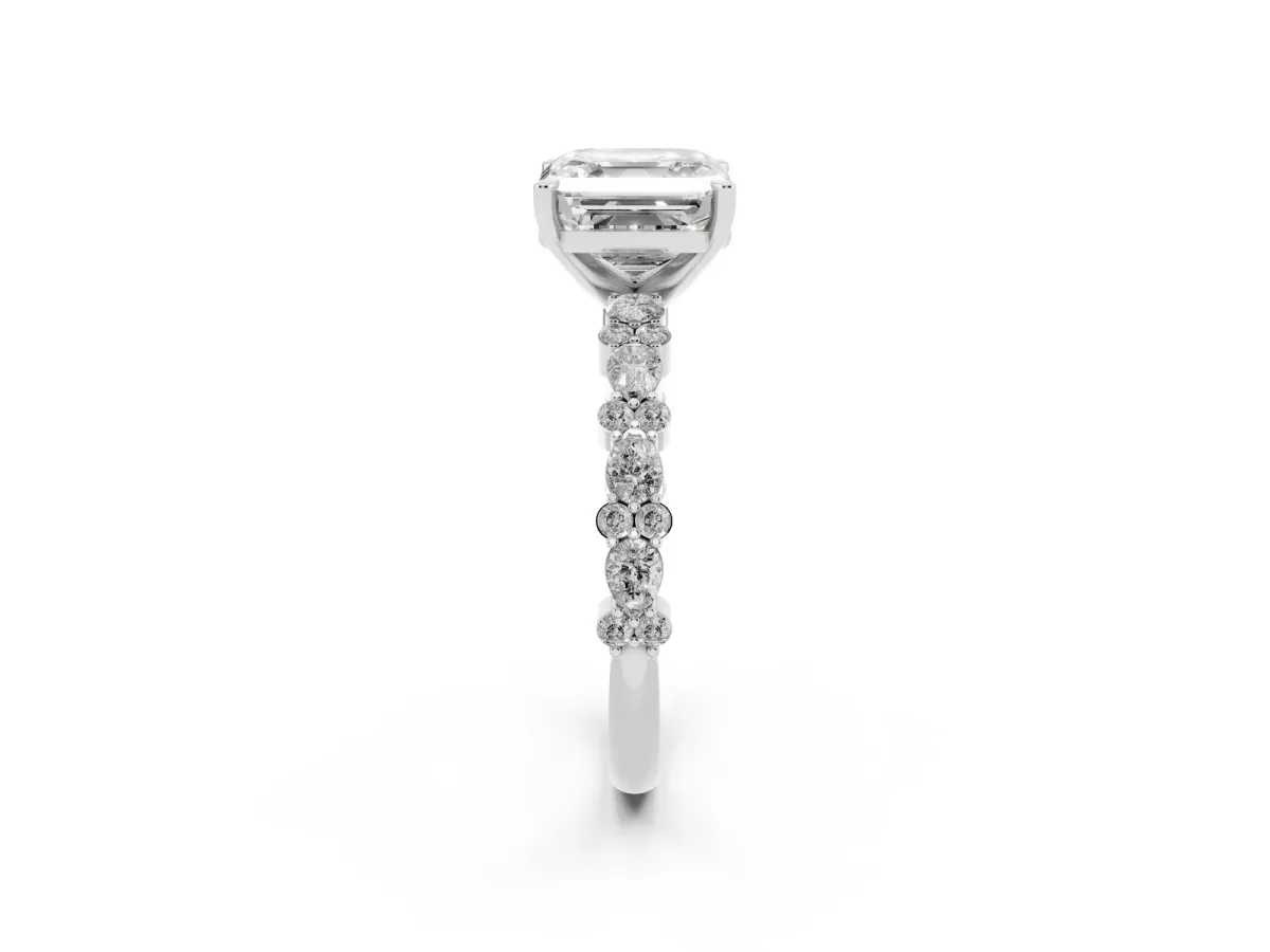 Asscher Cut Diamond Side Stone Solitaire Ring with Round and Four-Prong Setting Silver