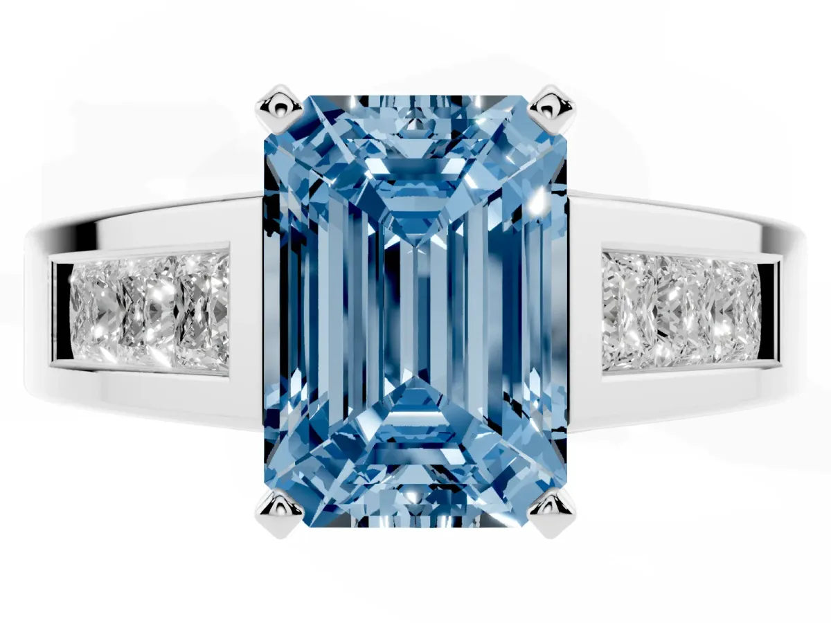 Fancy Blue Emerald Cut Cut Channel Set Solitaire Ring with Four-Prong Setting Platinum
