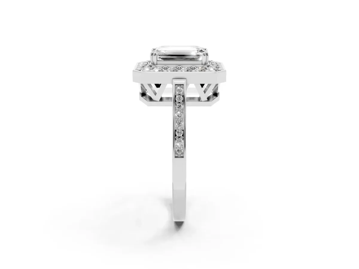 Emerald Cut Diamond Halo Ring with Split Shank and Four-Prong Setting Silver
