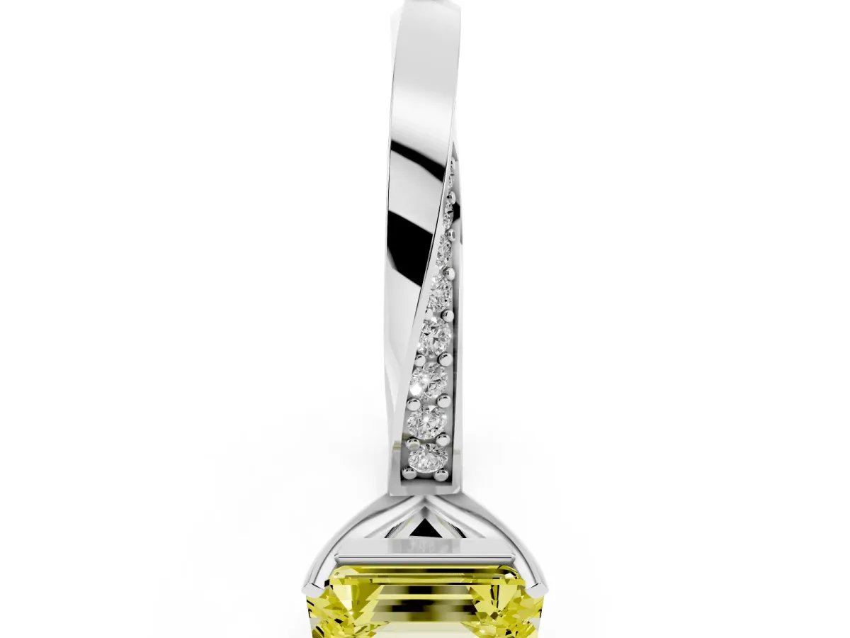 Fancy Yellow Emerald Cut Diamond Engagement Ring with Side Stone Accents and Four-Prong Setting Silver