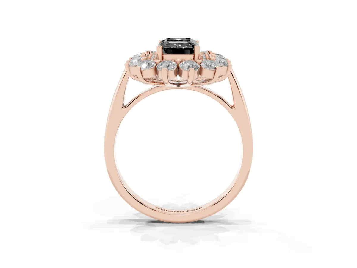 Fancy Black Emerald Cut Diamond Floral Double Halo Engagement Ring with Prong Setting Rose gold