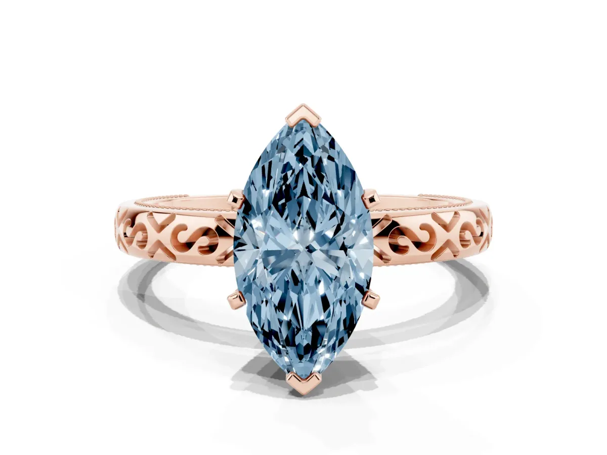 Fancy Blue Marquise Cut Solitaire Engagement Ring with Scrollwork Band and Four-Prong Setting Rose gold