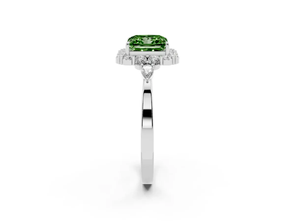 Fancy Green Princess Cut Diamond Halo Ring with Pear Side Stones and Prong Setting Silver