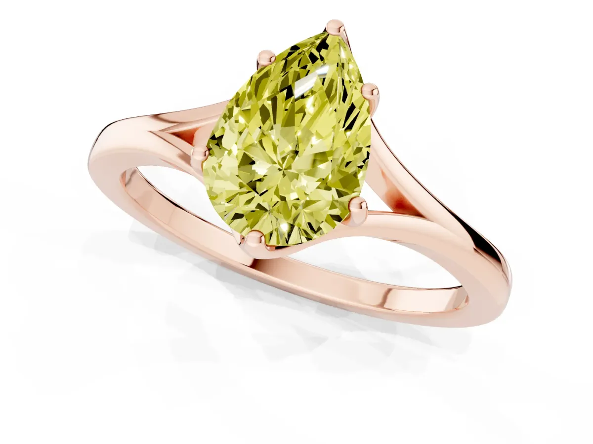 Fancy Yellow Pear Cut Solitaire Diamond Ring with Six-Prong Setting and Tapered Band Rose gold