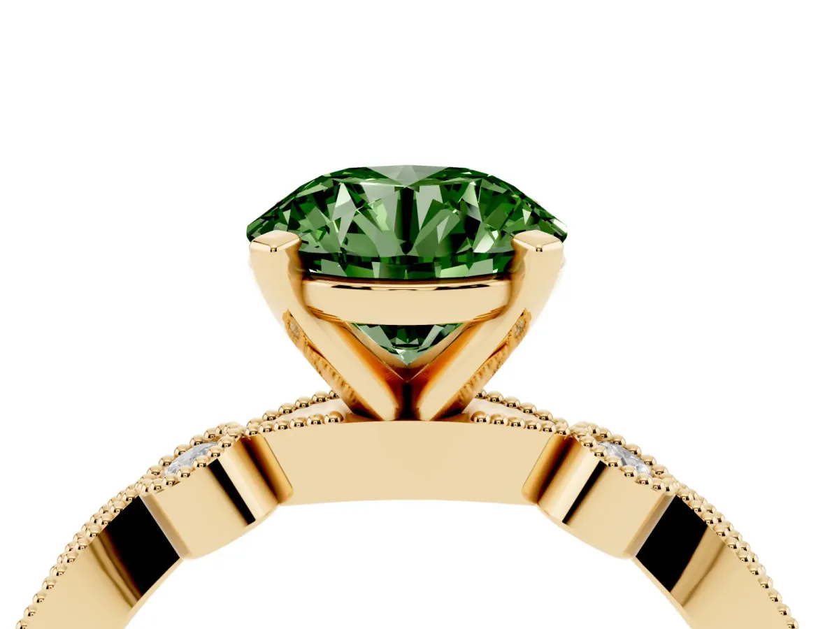 Fancy Green Round Cut Milgrain Bezel Diamond Engagement Ring with Solitaire Prong Setting Yellow gold
