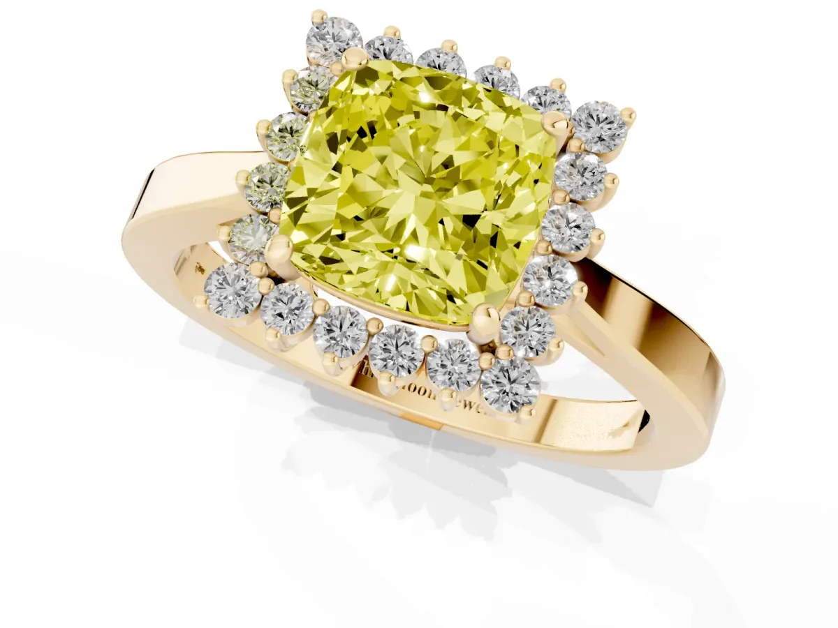 Fancy Yellow Cushion Cut Cut Diamond Halo Ring with Round Brilliant Halo and Solitaire Band Yellow gold