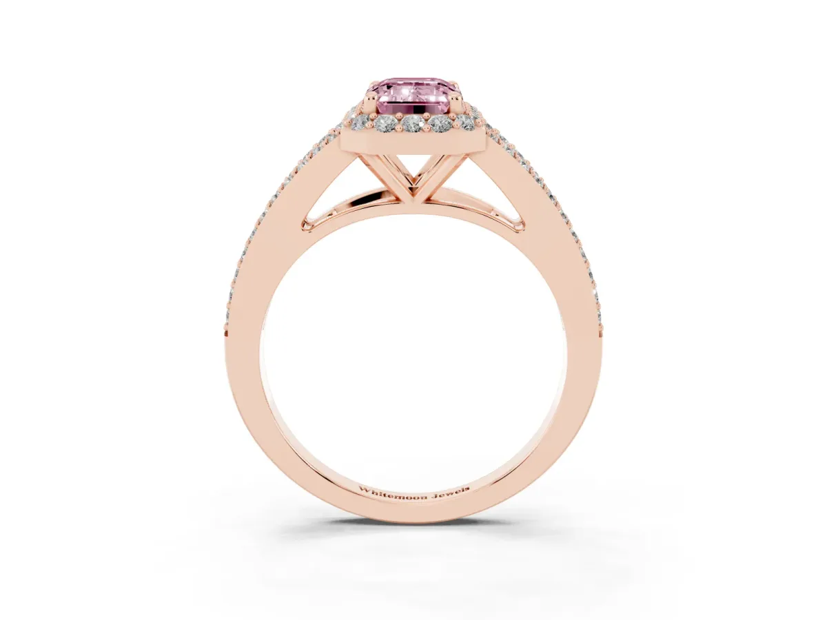 Fancy Pink Emerald Cut Halo Split Shank Pave Diamond Ring with Four-Prong Setting Rose gold