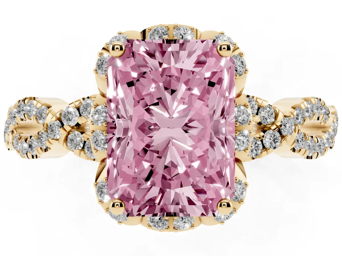 Fancy Pink Radiant Cut Halo Twist Band Solitaire Ring with Six-Prong Setting Yellow gold