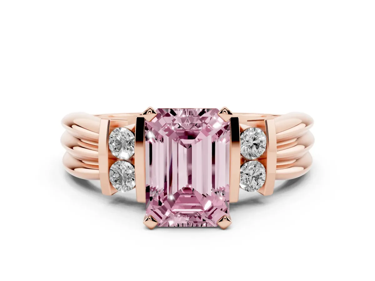 Fancy Pink Emerald Cut Cut Three-Stone Channel Set Ring with Bar Prongs Rose gold