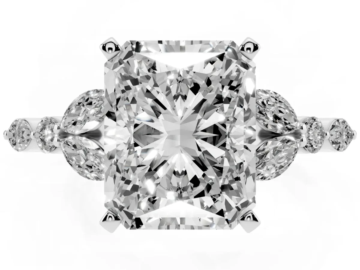 Radiant Cut Diamond Solitaire Ring with Side Stones and Four-Prong Setting Silver