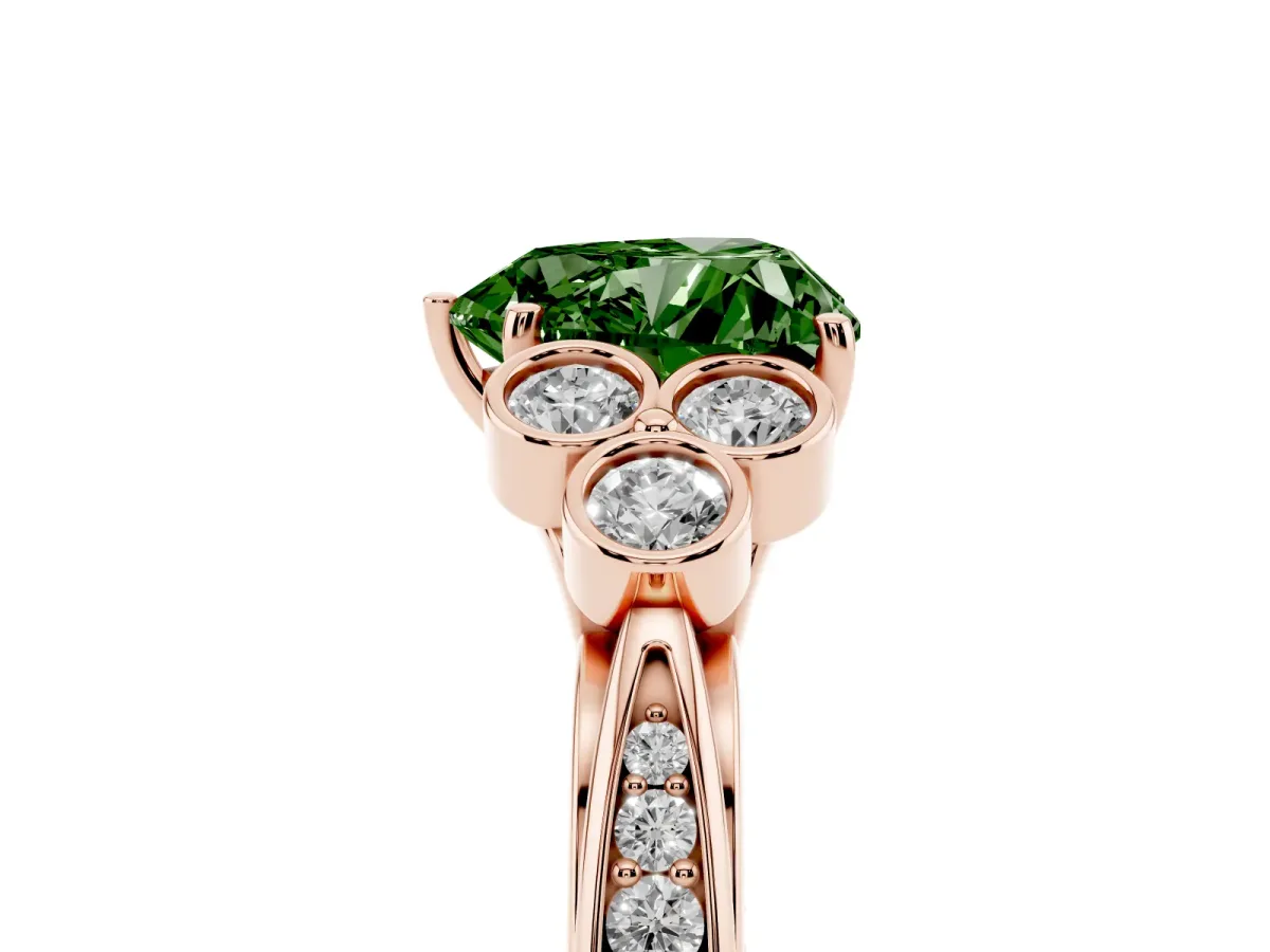 Fancy Green Heart Cut Cut Diamond Engagement Ring with Bezel Set Round Side Stones and Prong Setting Rose gold