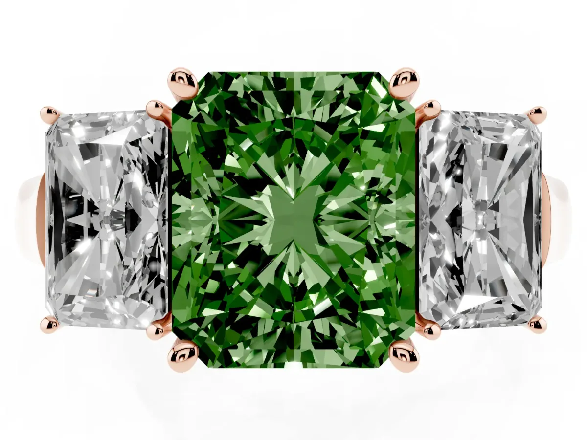 Fancy Green Three-Stone Radiant Cut Brilliant Diamond Trellis Ring with Comfort Fit Band Rose gold