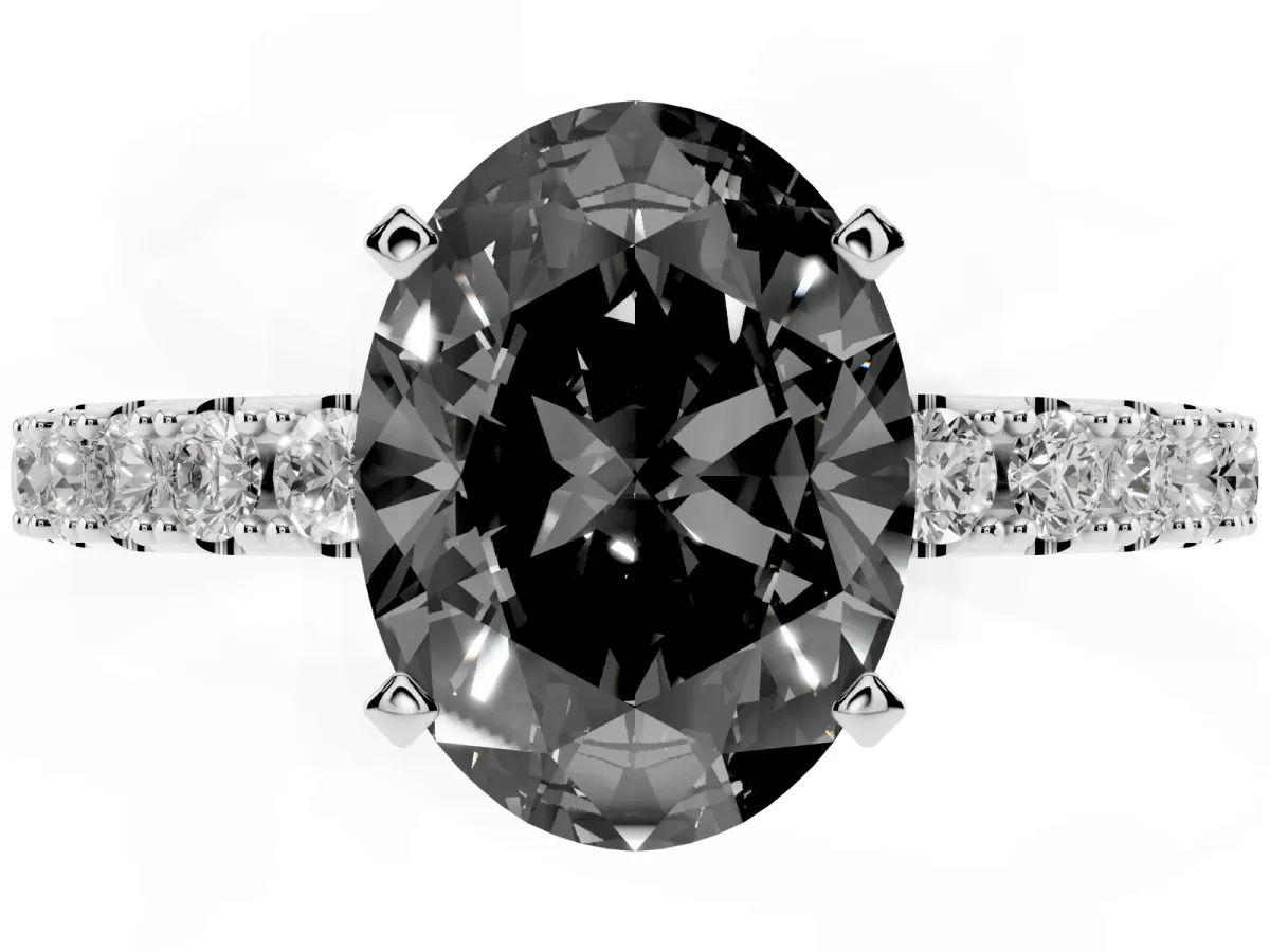 Fancy Black Oval Cut Diamond Solitaire Pavé Band with Four-Prong Setting Silver