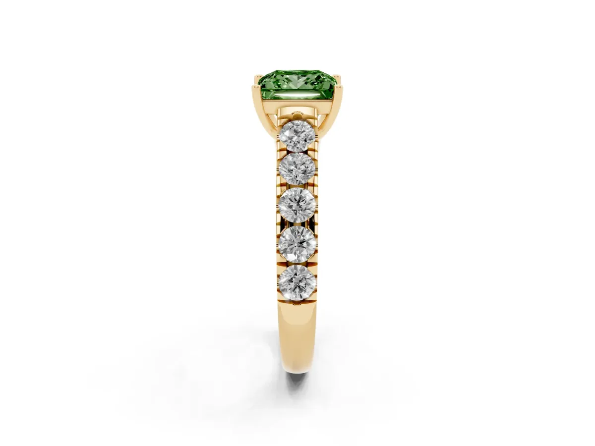 Fancy Green Princess Cut Cut Diamond Solitaire Ring with Micro Pave Band and Prong Setting Yellow gold