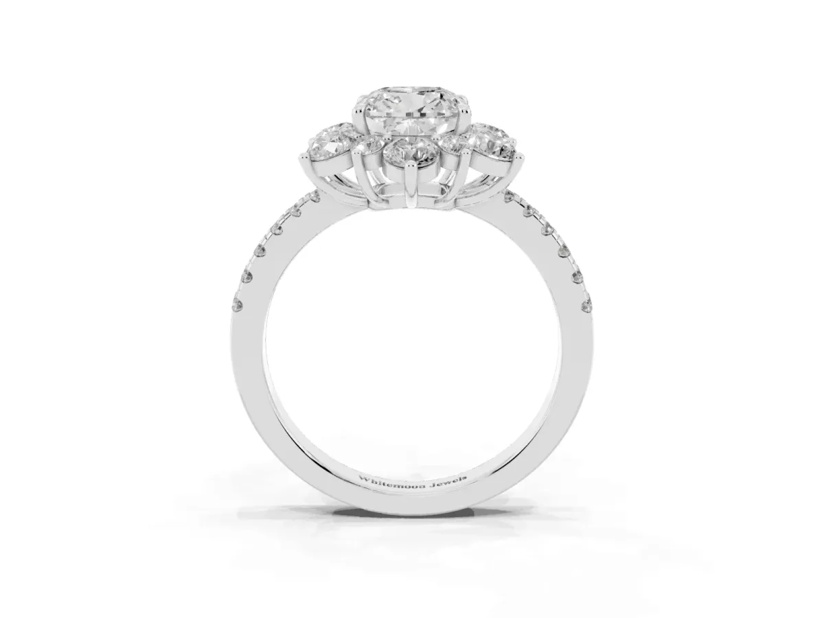 Cushion Cut Diamond Floral Halo Ring with Round Pavé Band and Prong Setting White gold