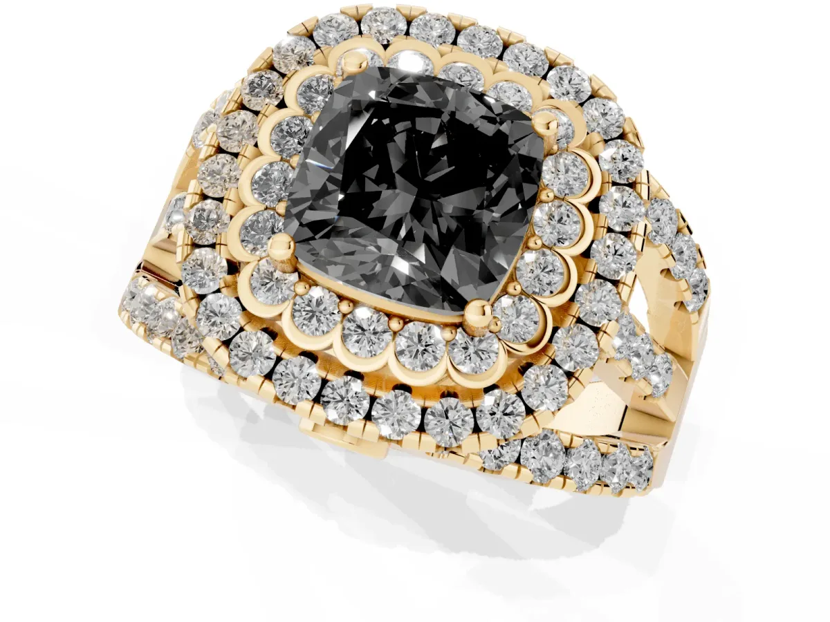 Fancy Black Cushion Cut Diamond Double Halo Ring with Round Pavé Split Shank and Prong Setting Yellow gold