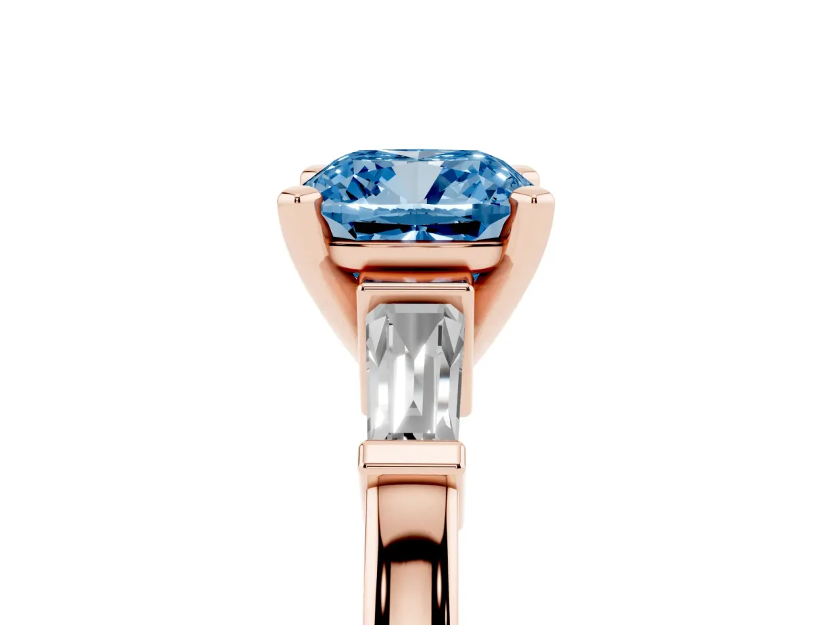 Fancy Blue Cushion Cut Cut Diamond Solitaire Ring with Tapered Baguette Accents and Four-Prong Setting Rose gold