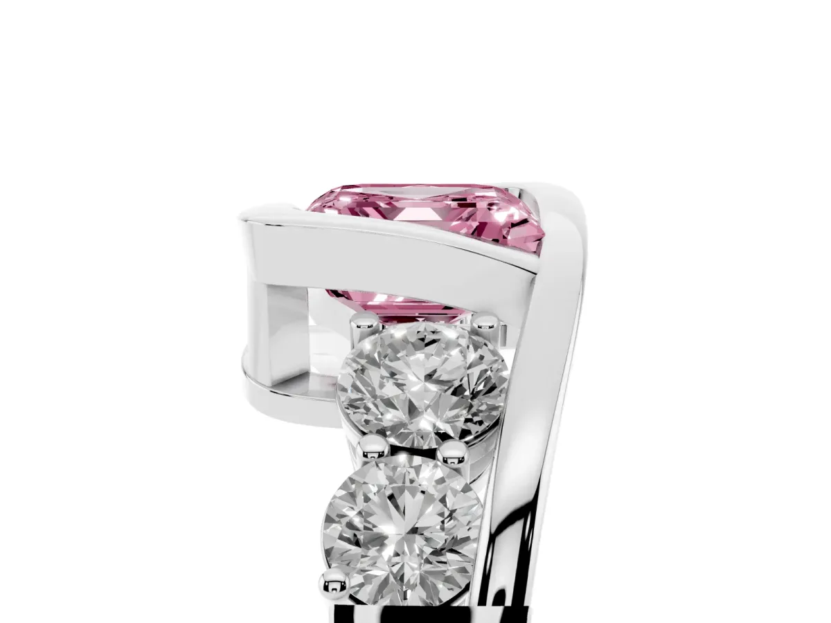 Fancy Pink Bezel Set Asscher Cut Diamond Bypass Ring with Round Accents Silver