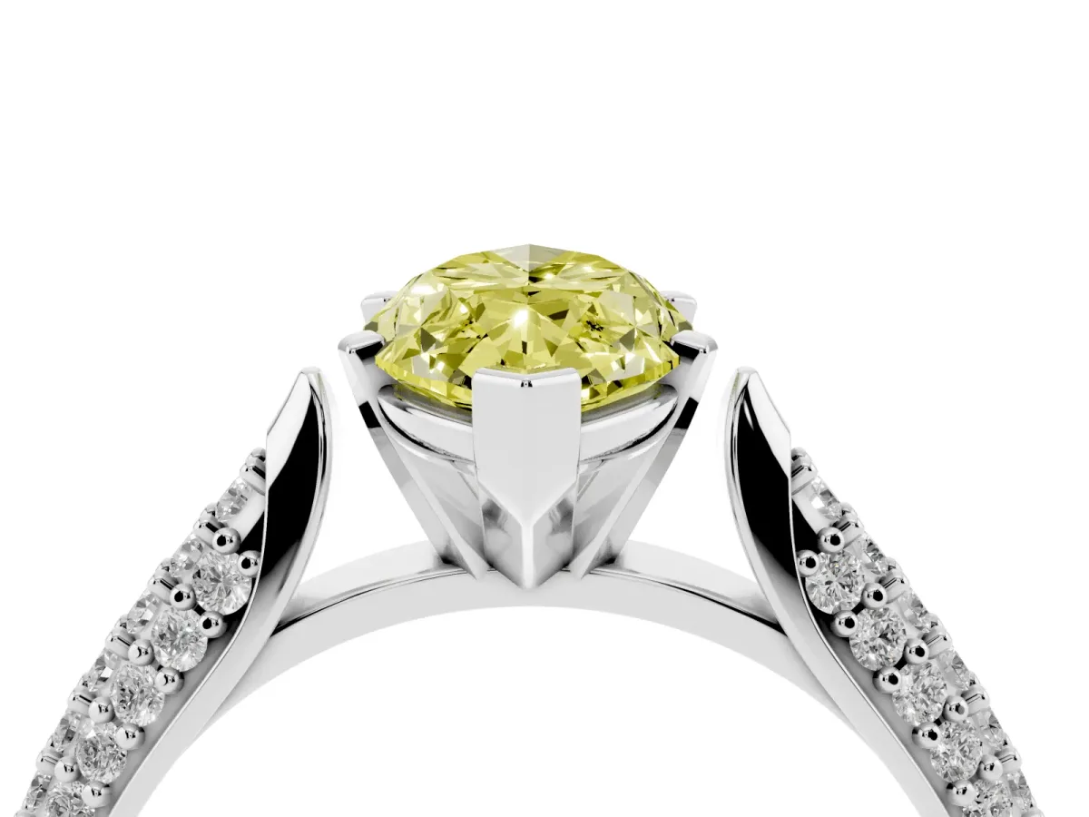 Fancy Yellow Marquise Cut Diamond Solitaire Engagement Ring with Multi-Row Round Pavé Band and Prong Setting Silver