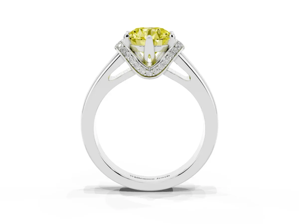 Fancy Yellow Round Cut Solitaire Diamond Ring with Pave Band and Six-Prong Setting Silver