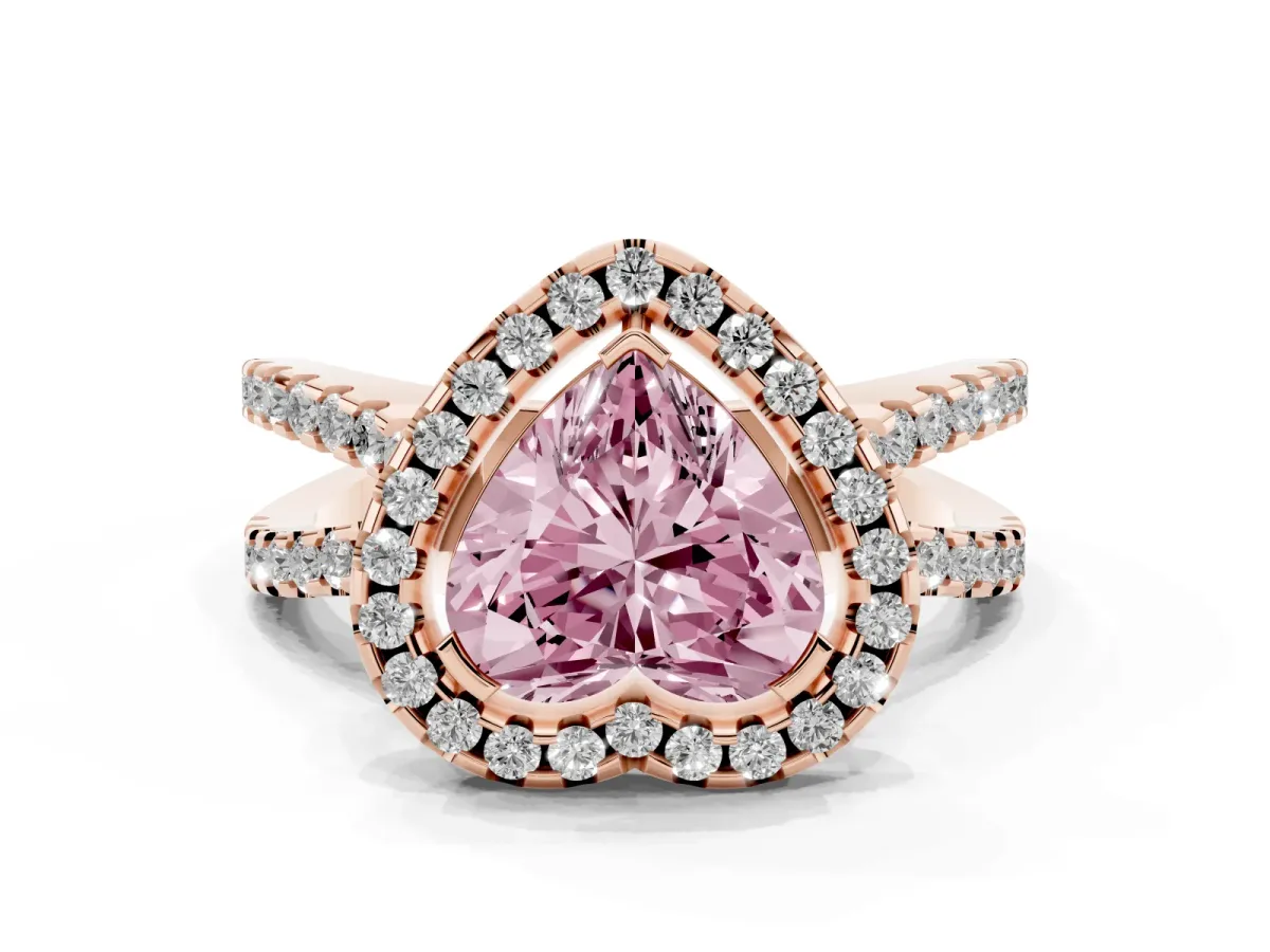 Fancy Pink Heart Cut Diamond Halo Ring with Split Shank Pavé Band and Prong Setting Rose gold