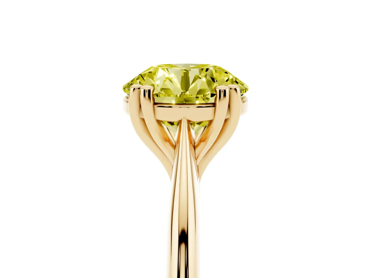 Fancy Yellow Round Cut Solitaire Diamond Ring with Six-Prong Setting and Classic Band Yellow gold