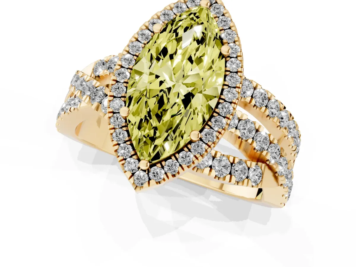 Fancy Yellow Marquise Cut Diamond Halo Ring with Round Split Shank and Prong Setting Yellow gold